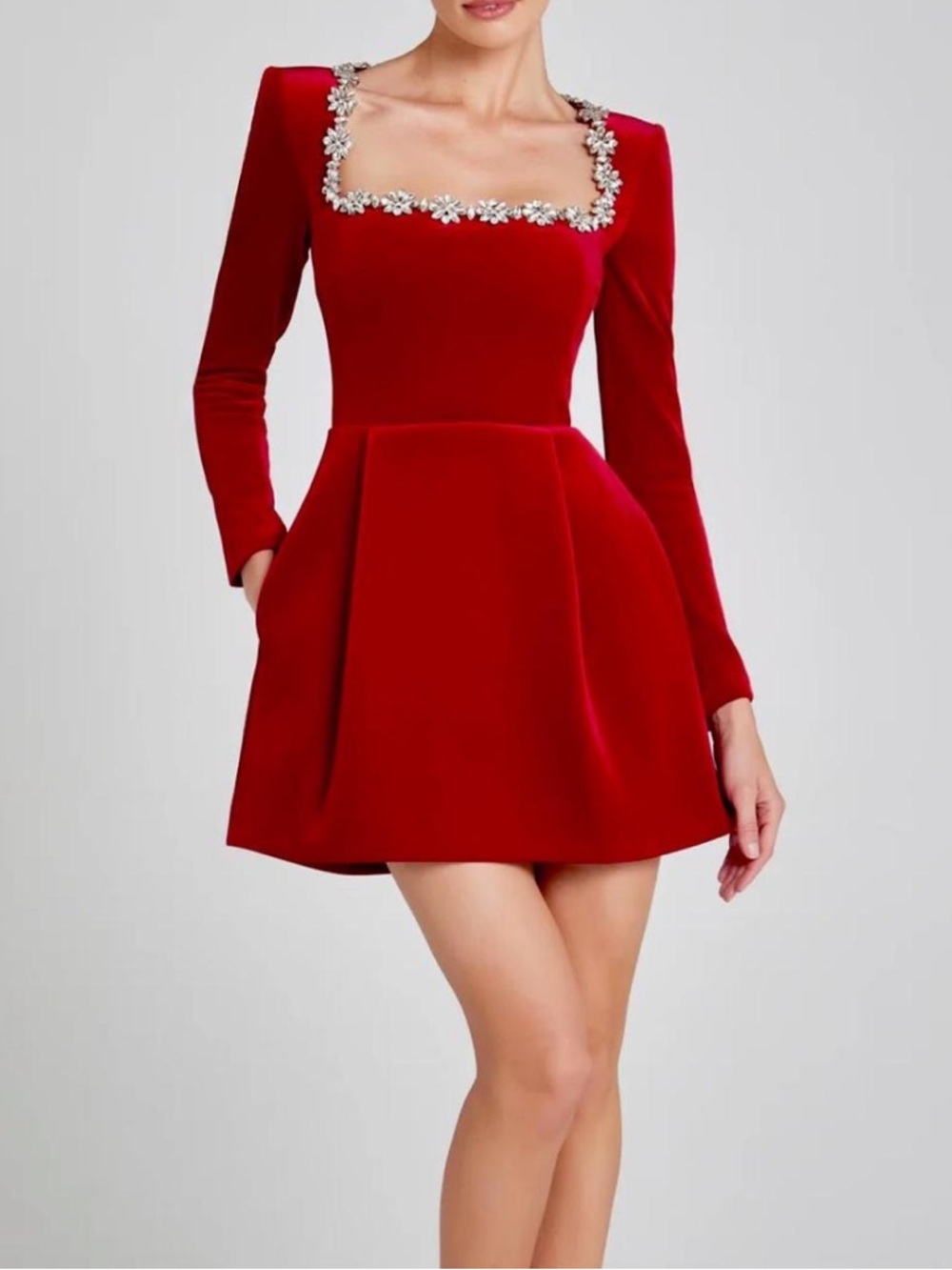 NADINE MERABI Red Velvet Jewel-Trim Square Neck Mini Dress